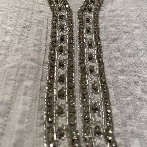 Chico's 2 (12/14) Embellished Rhinestones Tunic Top | Linen Blend, Light Gray - Picture 3 of 7